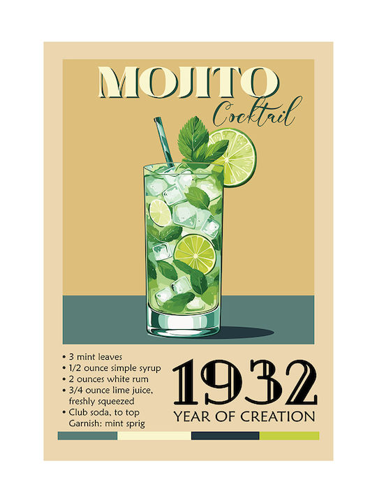Poster Vintage Mojito Classic Cocktail Pst25383 60cm X 90cm Frame Natural Wooden Beige