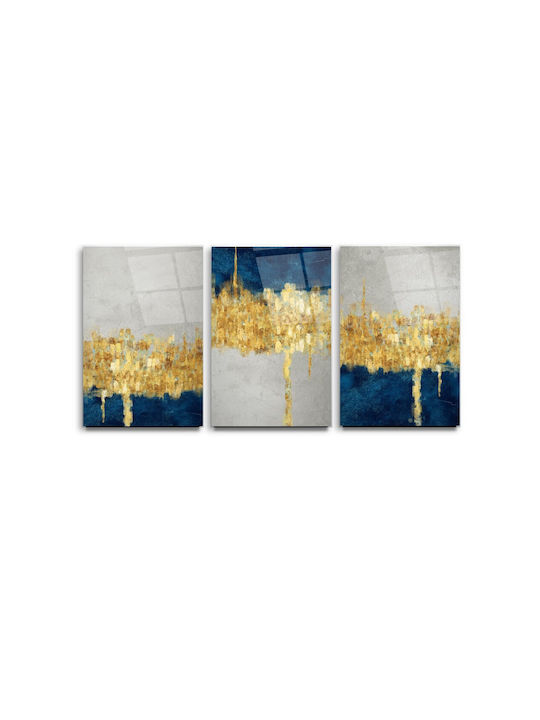 Threefold Glass Set Abstract Art Blue and Gold (35x50cm)