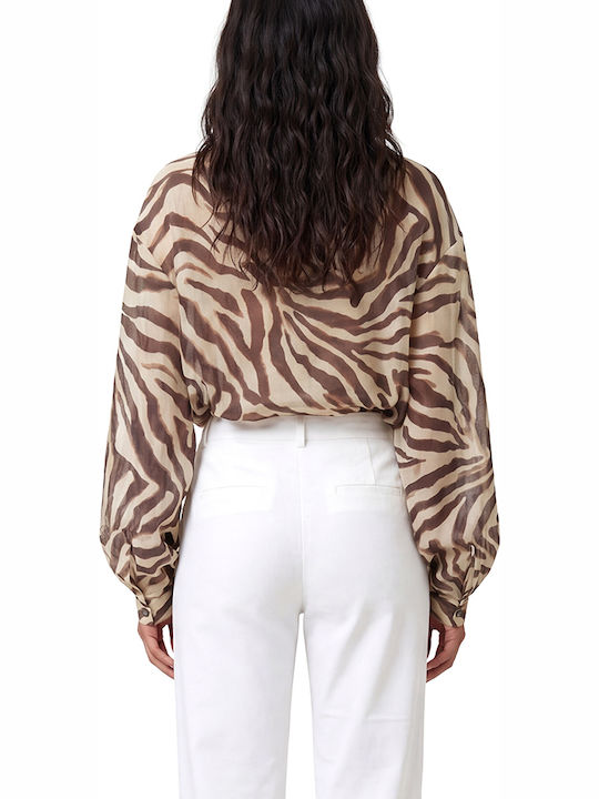 MY T Damenbluse Baumwolle mit Bindeband am Ausschnitt Braun-Gelb MY T Damenbluse Baumwolle mit Bindeband am Ausschnitt Braun-Gelb