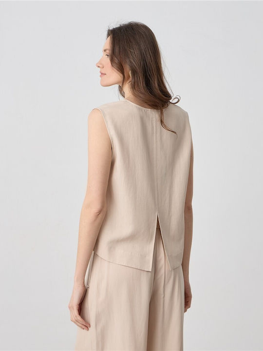 Women's Summer Linen Sleeveless Blouse with V Neckline Ecru
