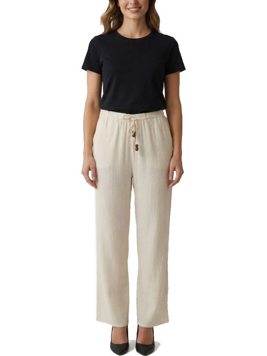 Wide Women's Fabric Trousers in Wide Leg Style Ecru