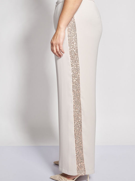 Pantaloni Dama Largi Bej High Rise Cu Paiete
