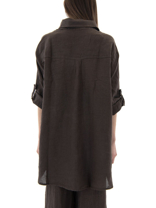 Black n Black Short Sleeve Women's Linen Shirt Brown Black n Black Short Sleeve Women's Linen Shirt Brown