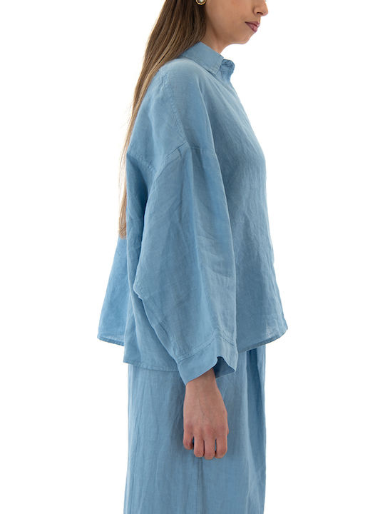 Short Sleeve Women's Linen Shirt Light Blue