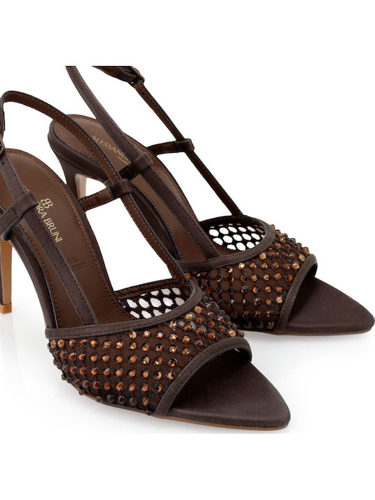Fabric Sandals with Strass Brown W470003565X5-BROWN HN636-8137 Satin with Bronze Strass