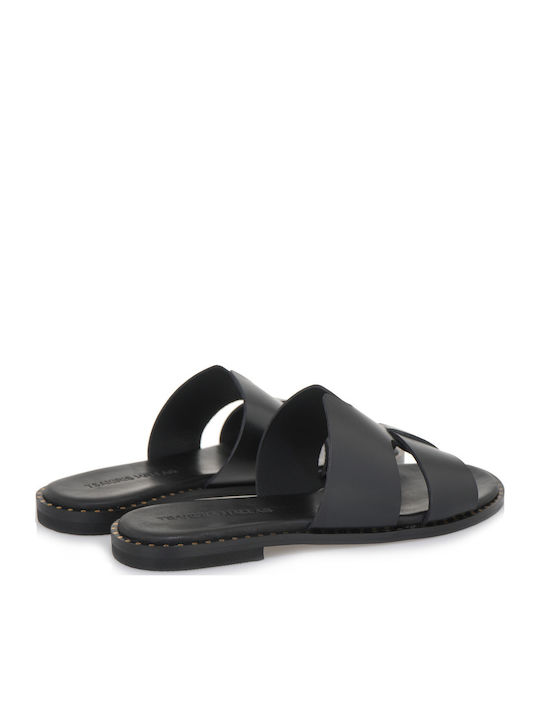 Leder Flache Sandalen Für Damen Schwarz