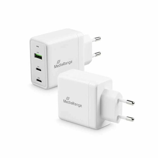 MediaRange Зарядно без кабел GaN с USB-A порт и 2 USB-C порта 65W Power Delivery / Quick Charge 3.0 Бял (MRMA116-2)