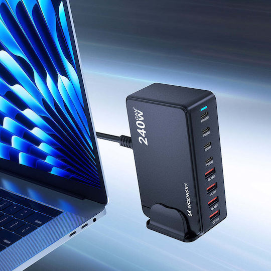 Wozinsky Charging Stand GaN with 3 USB-A Ports and 5 USB-C Ports 240W Power Delivery / Quick Charge 4.0 in Black color (WSL-240)