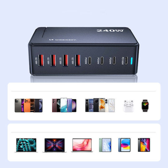 Wozinsky Charging Stand GaN with 3 USB-A Ports and 5 USB-C Ports 240W Power Delivery / Quick Charge 4.0 in Black color (WSL-240)