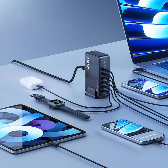 Wozinsky Charging Stand GaN with 3 USB-A Ports and 5 USB-C Ports 240W Power Delivery / Quick Charge 4.0 in Black color (WSL-240)