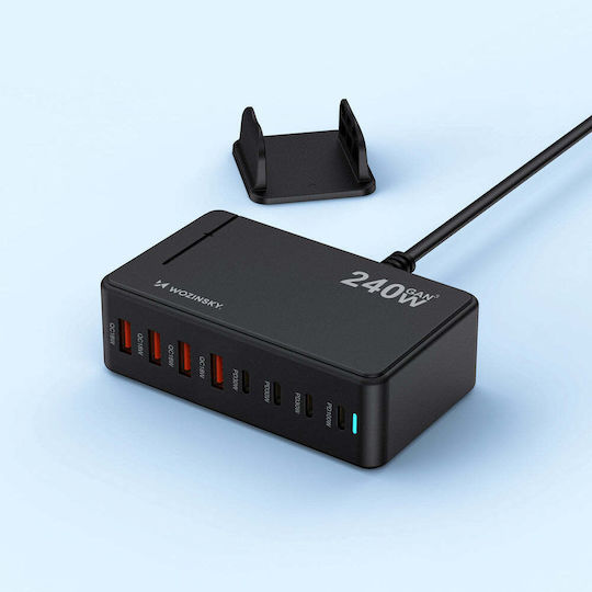 Wozinsky Charging Stand GaN with 3 USB-A Ports and 5 USB-C Ports 240W Power Delivery / Quick Charge 4.0 in Black color (WSL-240)