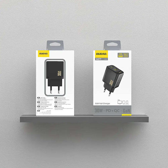 Dudao Зарядно без кабел GaN с USB-A порт и USB-C порт 30W Power Delivery Черен (A27TEU)