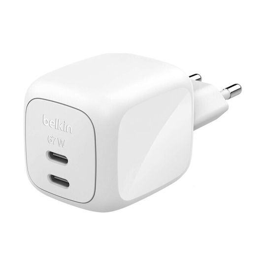 Belkin Charger Without Cable GaN with 2 USB-C Ports 67W Power Delivery Whites (BoostCharge Pro)