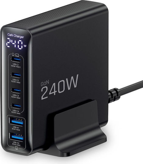 Tech-Protect GaN Handyladegerät mit 2 USB-A Ausgangsanschlüsse und 4 USB-C Ausgangsanschlüsse 240W Stromlieferung / Schnellladetechnologie 3.0 in Schwarz Farbe (DC240W-GAN)
