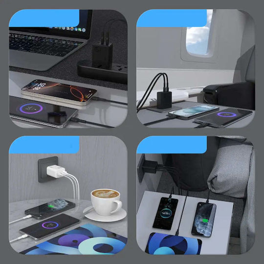 Dudao Charger GaN with USB-A Port and 2 USB-C Ports and Cable USB-C - USB-C 65W Power Delivery Blacks (A29)