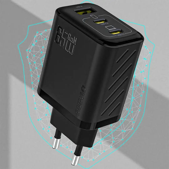Dudao Charger GaN with USB-A Port and 2 USB-C Ports and Cable USB-C - USB-C 65W Power Delivery Blacks (A29)