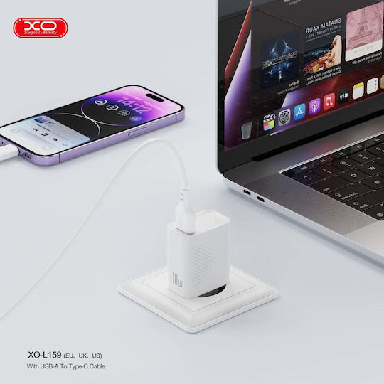 XO Încărcător cu Port USB-A și Cablu micro USB 18W Quick Charge 3.0 Albς (L159)