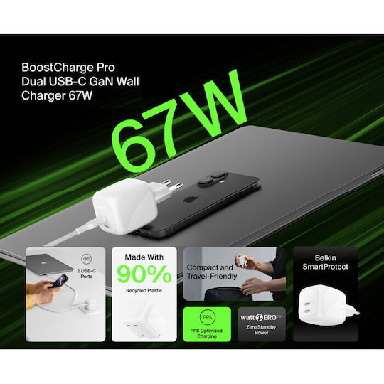 Belkin Charger GaN with 2 USB-C Ports and Cable USB-C - USB-C 67W Power Delivery Whites (BoostCharge Pro)