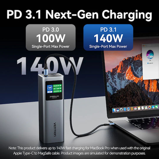Vention FKE Power Bank 27000mAh 140W with USB-A Output Port and 2 USB-C Output Ports Power Delivery Quick Charge 3.0 Grey