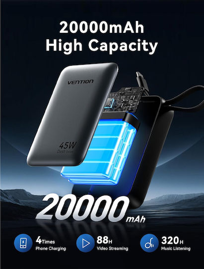 Vention FHG Външна Батерия 20000mAh 45W с USB-A Изходен Порт и USB-C Изходен Порт Power Delivery / Бързо Зареждане / PPS Бежов