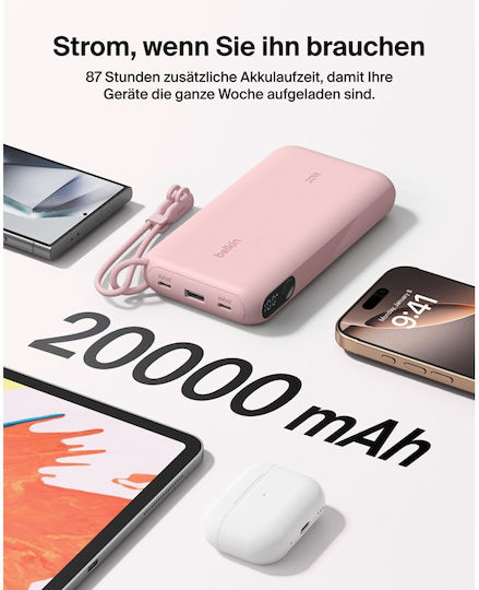 Belkin Power Bank 20000mAh 20W mit USB-A Ausgangsanschlüsse und 2 USB-C Ausgangsanschlüsse Stromlieferung Rosa