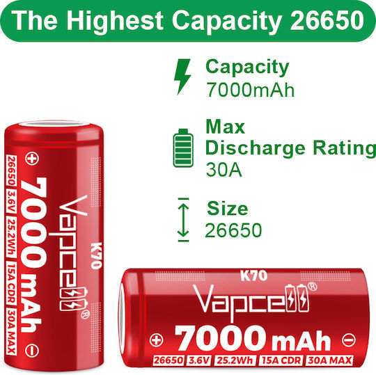 Battery Vapcell 26650 K70 7000mah 30a