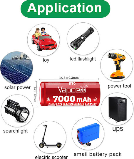 Battery Vapcell 26650 K70 7000mah 30a