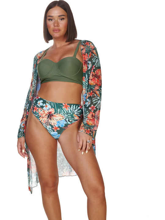 Set Bikini 3 Τεμαχίων Ψηλόμεσο Floral Χακί