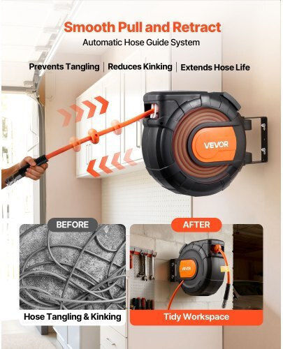Vevor Retractable Air Hose Reel 20m X 9.5mm Pvc Air Hose Max 300psi Enclosed Air-compressor Hoses Reel Auto Rewind 2m Lead In 180° Swivel Ceiling Wall Mount Garages Workshops
