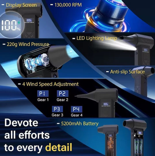 Turbo Wireless Compressed Air Cleaning Gun 130000rpm Led Screen Rechargeable 5 Nozzles 14-2308