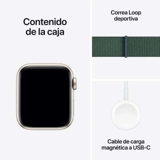 Apple Watch SE 2024 Aluminium 40mm Waterproof with Heart Rate Monitor (Starlight with Lake Green Sport Loop)