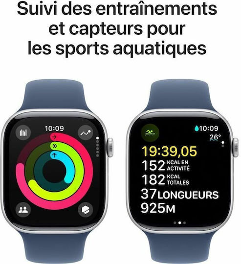 Apple Watch Series 10 Aluminium 46mm Αδιάβροχο με Παλμογράφο (Silver με Denim Sport Band - S/M)