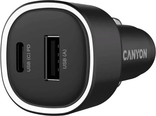 Canyon Auto-Ladegerät 48W Schnellladung mit Anschlüssen: 1xUSB 1xType-C Schwarz Farbe