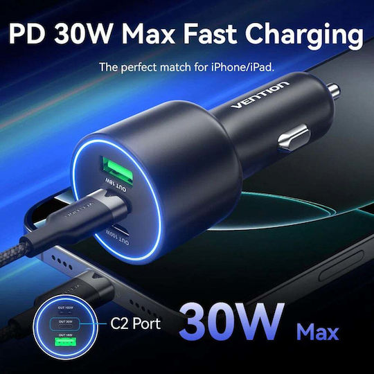 Vention Auto-Ladegerät 100W mit Anschlüssen: 1xUSB 2xType-C