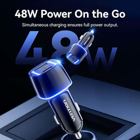 Vention Car Charger 48W with Ports: 1xUSB 1xType-C