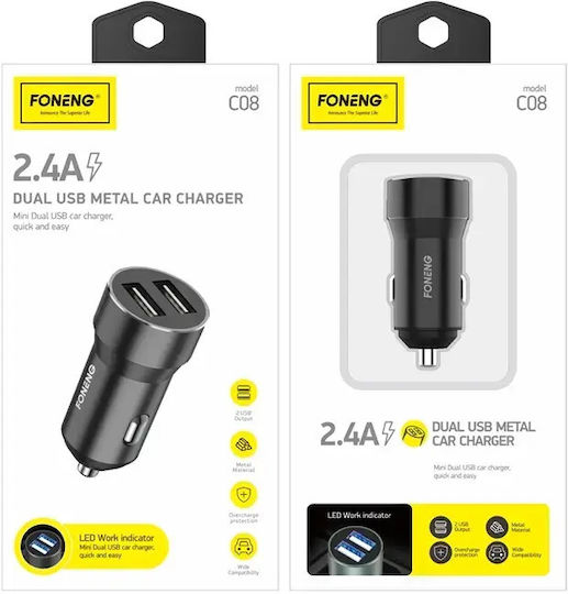 Foneng C08 Car Charger 2.4A with Ports: 2xUSB Black Color