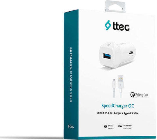 TTEC Φορτιστής Αυτοκινήτου 18W 2A Γρήγορης Φόρτισης με μία Θύρα: 1xUSB μαζί με Καλώδιο Type-C Λευκός
