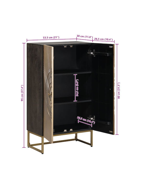Highboard Floor Living Room Display Cabinet Made of Wood & Metal with Windowed Brass 53.5x30x95cm