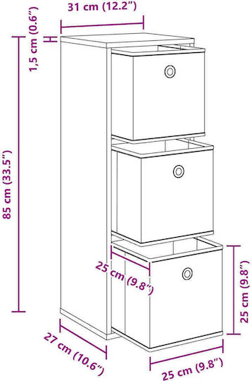 Wooden Storage Drawers with 3 Drawers M30.5xW27xH84.5cm