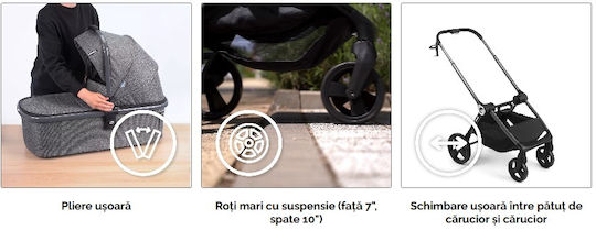 Kidnort Cărucior 2 în 1 Reglabil Potrivit pentru Nou-Născut Negru 10,2kg