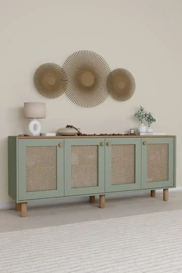 Stewehome Κονσόλα Bohem Pvc Ψάθα 4 Θυρών – Πράσινο 180x40x75cm
