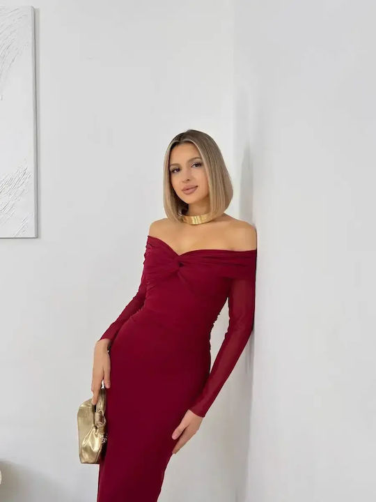 Maxi Damenkleid Für Hochzeit - Taufe Strapless Mit Tüll Burgundisch