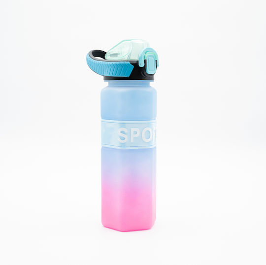 Sports Sticlă de Apă 750ml Ombre Roz-albastru Design Hexagonal Pai din Silicon și Mâner de Transport