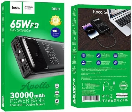 Hoco DB81 Power Bank 30000mAh 65W με 4 Θύρες USB-A Power Delivery Μαύρο