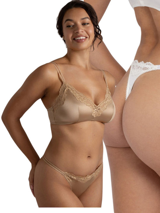 Ψηλόμεσο Γυναικείο String χωρίς Ραφές με Δαντέλα Ivory/beige