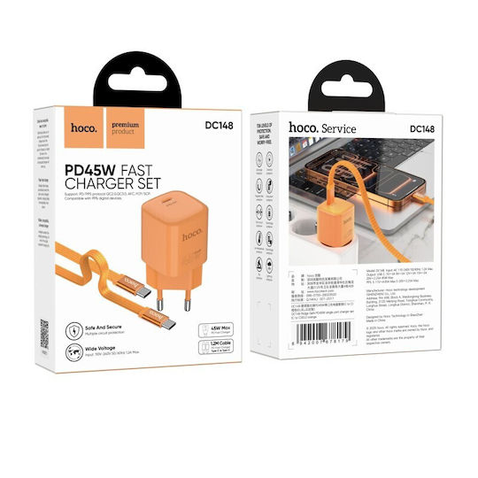 Hoco GaN Charger with USB-C Port and USB-C - USB-C Cable 45W Power Delivery Orange (DC148)