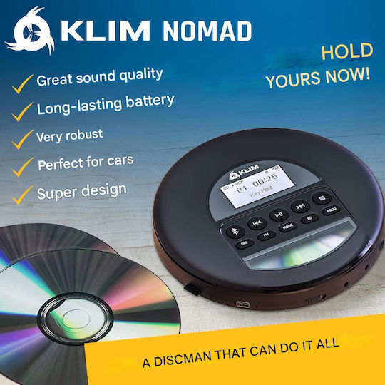 Klim Nomad Cd Player Portabil Discman Bluetooth Radio Fm Mp3 Cititor Tf Baterie Reîncărcabilă Inclusă Căști Compatibil Cd-r/cd-rw Aux Auto Negru