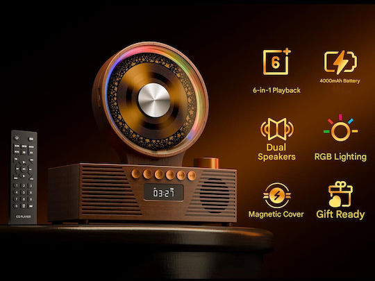 Roadom Cd Player Portabil Bluetooth 5.3 Difuzoare Duale Hi-fi Baterie 4000 Mah 6 În 1 Cd Usb Tf Fm Aux Lumină Rgb Telecomandă Design Vintage Retro Lemn Maro