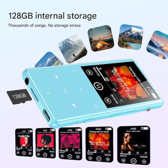 MP3 Player 128 GB Agptek Bluetooth 5.4 Ecran 2.4 Inch Înregistrare Cu Un Singur Click Difuzor HD Integrat Radio FM Carcasă Metalică Butoane Tactile Portabil Căști Incluse Albastru