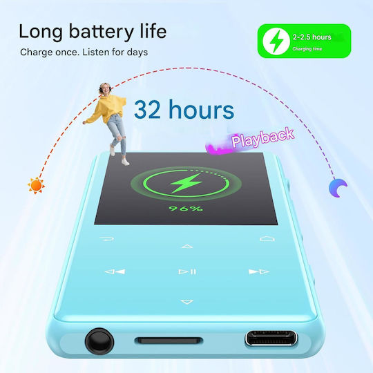 MP3 Player 128 GB Agptek Bluetooth 5.4 Ecran 2.4 Inch Înregistrare Cu Un Singur Click Difuzor HD Integrat Radio FM Carcasă Metalică Butoane Tactile Portabil Căști Incluse Albastru